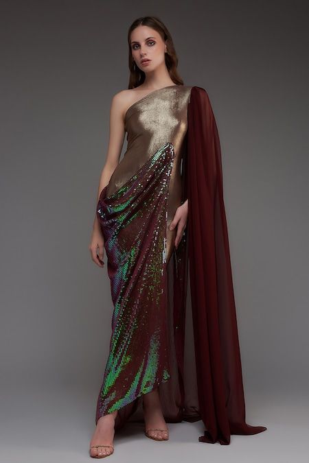 Bronze Gown, Maroon Gown, Reception Cocktail, High Neck Gown, Flowy Gown, Draped Gown, Cape Gown, Drape Gowns, Set Saree