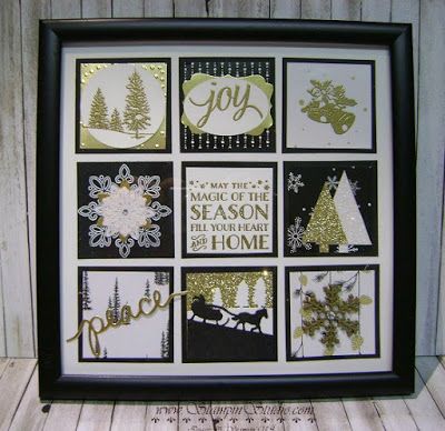 With all the Gold Foil and Glimmer Paper in this framed art project it shimmers and shines for an elegant winter display.     Fellow demonstrator Leann was the inspiration for this beautiful framed art piece.  She created a 12″ x 12″ version of this, so I took the idea… Continue reading Christmas Samplers, Winter Display, Stampin Up Anleitung, Box Frame Art, Christmas Shadow Boxes, Christmas Collage, Christmas Paper Crafts, Let It Shine, Stampin Up Christmas