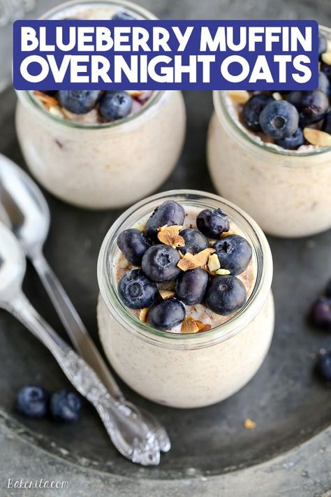 These Blueberry Muffin Overnight Oats come together in five minutes so breakfast will be ready right when you wake up! This easy overnight oat recipe tastes like blueberry muffins and can be served cool or warm. Overnight Oats Blueberry Muffin, Blueberry Muffin Overnight Oats, Blueberry Protein Muffins, Blueberry Overnight Oats, Best Overnight Oats Recipe, Easy Overnight Oats, Vegan Overnight Oats, Overnight Oats Recipe, Oats Recipes