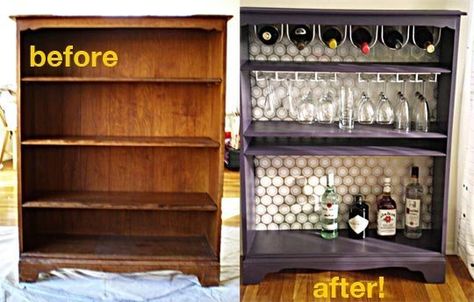 How To: Turn a Bookcase Into a Bar/tea/coffee station... Instead of a bar cart? Bar Deco, Bookcase Bar, Diy Muebles Ideas, Diy Home Bar, Wine Bars, Mini Bars, Diy Casa, Diy Wine Rack, Diy Bar