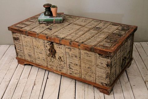 Reclaimed White Washed Salvaged Antique Indian Wood Iron and Brass Wedding Trunk Coffee Table Storage Chest Wooden Trunk Coffee Table, Small Dinner Table, Wedding Trunk, Boho Rooms, Brass Wedding, Decorative Trunks, Trunk Coffee Table, Coffee Table Storage, Wooden Trunk