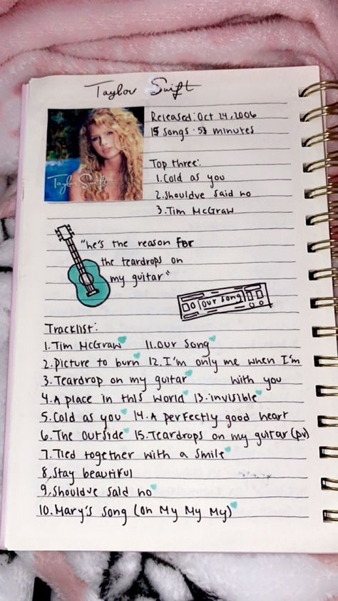 Taylor Swift Album Journal Ideas, Taylor Swift Album Journal, Taylor Swift Album Journal Page, Swiftie Things To Do When Bored, Music Diary Ideas, Song Book Aesthetic, Album Pages Ideas, Taylor Swift Album Songs, Song Book Ideas