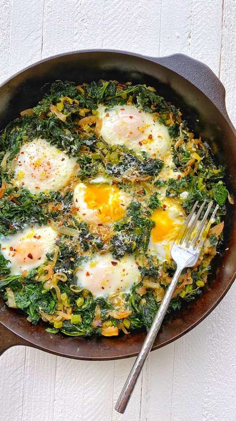 Jake Cohen, Eggs And Kale, Creamy Kale, Baked Kale, Great Dinner Recipes, Baked Eggs Recipe, Gluten Free Meal Plan, Sauteed Kale, Eggs Recipe