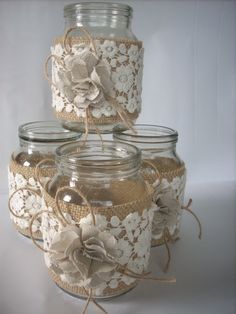 Rustic Wedding Ceremony Decor, Takken Decor, Burlap Centerpieces, Pot Gantung, Wedding Jars, Burlap Mason Jars, Wedding Burlap, Diy Jar Crafts, Handmade Flowers Fabric