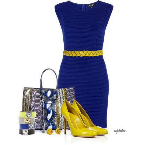 Blue & yellow! Yellow Dress Outfit Classy, Yellow Dress Outfit, Blue And Yellow Dress, Blue Dress Outfits, Balenciaga Tote, Outfit Classy, Sassy Outfit, Shop Dress, Trendy Fashion Jewelry