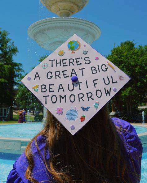 there’s a great big beautiful tomorrow🌎 joshua 1:9 says, “have I not commanded you? be strong and courageous. do not be afraid; do not be discouraged, for the Lord your God will be with you wherever you go.” I’m clinging so tightly to this verse as this wondrous chapter of my life comes to a close. I’m so grateful for @north_alabama and the lessons I’ve learned, people I’ve met, and opportunities I’ve received in my four years here. these years have been some of the best and most formative o... Grad Cap Ideas Disney, Graduation Cap Designs Disney, Disney Grad Caps, Great Big Beautiful Tomorrow, Disney Graduation Cap, Disney Graduation, College Graduation Cap Decoration, Grad Caps, Cap Decoration
