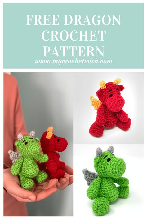 Crocheted Stuffed Animals, Dragon Crochet Pattern, Crochet Dinosaur Patterns, Dragon Crochet, Crochet Dragon Pattern, Crochet Toys Free, Crochet Dinosaur, Crochet Dragon, Crochet Animals Free Patterns