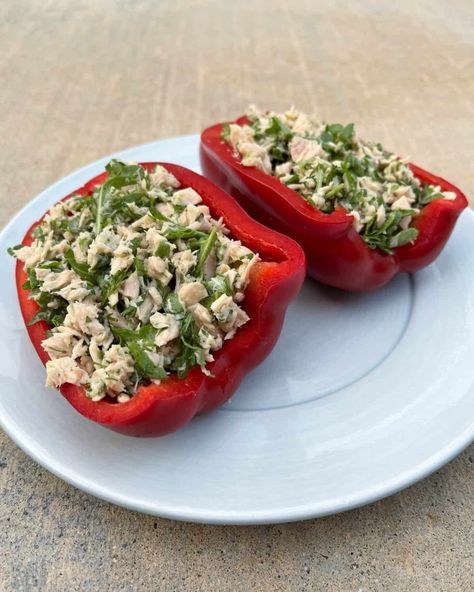 Herbed Tuna Stuffed Peppers • Simple Nourished Living Herb Tuna Salad, Tuna Stuffed Peppers, Healthy Workplace, Red Bell Peppers, Ww Points, Weight Watchers Recipes, Stuffed Pepper, 300 Calories, Most Popular Recipes