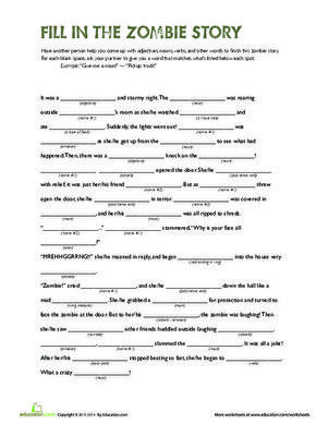 Get spooked with a zombie fill-in-the-blank story! This exercise helps kids review parts of speech and grammar. Fill In The Blank Story, Fill In The Blanks Story, Mystery Stories For Kids, Scary Short Stories For Middle School, Halloween Narrative Writing 2nd Grade, Fifth Grade Reading, Horrors Beyond Comprehension, History Of Halloween Worksheets, Halloween Writing Prompts First Grade