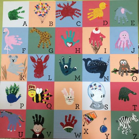 Hand Print Giraffe, Handprint Alphabet, Early Childhood Education Activities, Class Auction, School Age Activities, Alphabet Letter Crafts, Infant Room, Baby Art Projects, Footprint Crafts