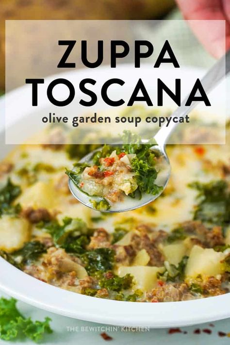 This zuppa toscana soup is a copycat recipe from The Olive Garden. Pure comfort food in a bowl right here, and it's incredibly easy to make! #zuppatoscana #olivegardenrecipes #thebewitchinkitchen Copycat Olive Garden Soup, Zuppa Toscana Soup Olive Garden, Olive Garden Soups, Olive Garden Zuppa Toscana, Copycat Recipes Olive Garden, Olive Garden Copycat, Zuppa Toscana Soup, Olive Garden Recipes, Tuscan Soup