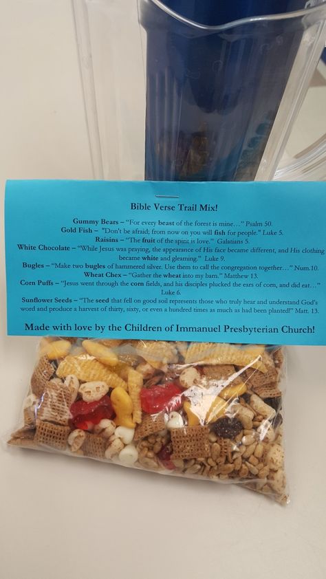 Bible Verse Trail Mix! Samson Bible Snacks, Samson Bible, Sunday School Snacks, Class Snacks, Trail Mix Recipe, Kids Lunch Box Meals, Sunday School Rooms, Trail Mix Recipes, Vbs 2023