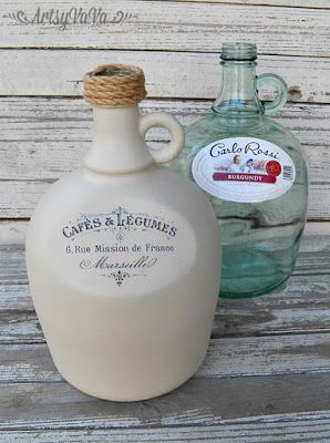 Artsy VaVa: Wine Jug Makeover Gallon Wine Jug Crafts Diy Projects, Gallon Wine Jug Crafts, Glass Jugs Crafts, Wine Jug Crafts, Jug Decor, Wine Jug, Decorative Bottles, Empty Wine Bottles, Dixie Belle Paint Company