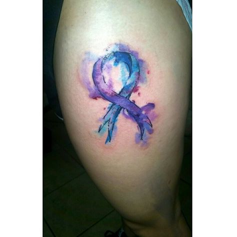 Watercolor arthritis ribbon thigh tattoo Thyroid Tattoo, Blue Ribbon Tattoo, Lymphoma Tattoo, Purple Ribbon Tattoos, Watercolor Ribbon, Survivor Tattoo, Purple Tattoos, Awareness Tattoo, Realistic Tattoo Sleeve