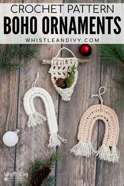 Have you been searching for boho crochet ornaments? Add these to your list! This pattern pack includes 3 cute design for fringy, crochet ornaments. The sweet mini hanging planter ornament is FREE! Grab some cotton yarn, and keep scrolling to get started. #crochetornaments #bohoornaments #quickcrochet #christmascrochet #easycrochet #moderncrochet #modernchristmas #bohocrochet Boho Ornaments, Crochet Mary Janes, Boho Crochet Patterns, Crochet Ornament Patterns, Modern Crochet Patterns, Crochet Bucket, Diy Boho, Crochet Ornaments, Holiday Crochet