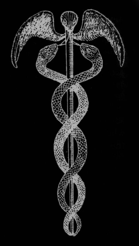 Caduceus. The Caduceus is the staff carried by Hermes in Greek mythology and Hermes Trismegistus in Greco-Egyptian mythology. The same staff was also borne by heralds in general, for example by Iris, the messenger of Hera. It is a short staff... Hermes Staff, Hermes Tattoo, Hermes Trismegistus, Arte Occulta, Greek Mythology Tattoos, Men Tattoos Arm Sleeve, Mythology Tattoos, Medical Symbols, Greek Gods And Goddesses