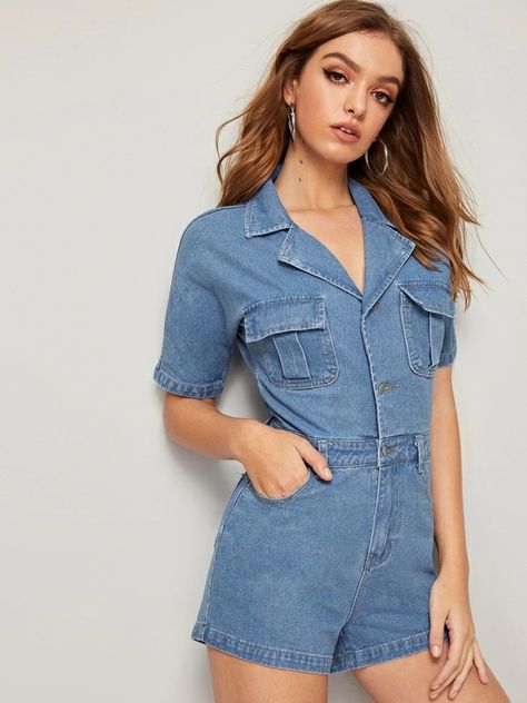 Moda Safari, Denim Romper Shorts, Outfit Korean Style, Jeans Outfit Women, Romper Shorts, Rompers Online, Denim Romper, Denim Shirt Dress, Denim Overalls