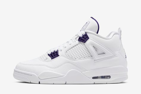 This remastered retro dresses the enduring silhouette of the Air Jordan 4 in all white, save for a series of metallic accents inspired by hues that once graced the Air Jordan 1. Full-grain leather combines with grid mesh to cover the shoe’s upper, while a reliable rubber outsole featuring herringbone tread keeps the style grounded. Bold hits of court purple on the… The post Air Jordan 4 Retro “Purple Metallic” appeared first on EUKICKS. Jordan 4 Metallic Purple, Jordan 4 Retro Metallic, Comfortable Mens Shoes, Jordan 4s, Sport Shoes Fashion, Sport Shoes Men, Purple Shoes, Jordan 4 Retro, Casual Running Shoes