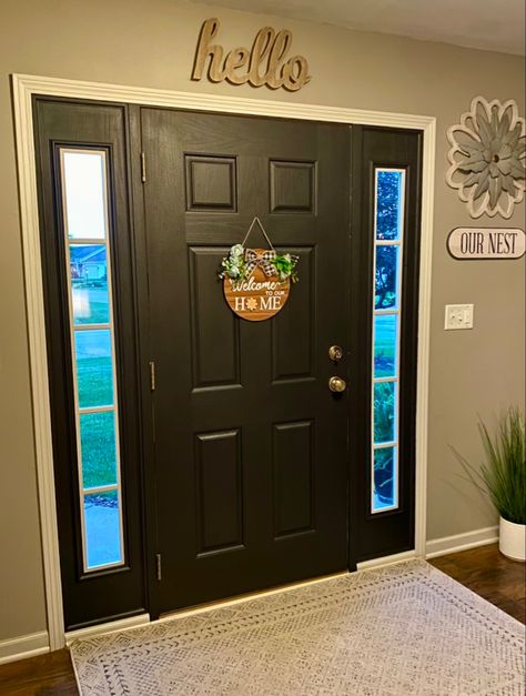 Black Wall Entryway Front Entry, Interior Front Door Black, Interior Front Door Color Entryway, Entryway Color Ideas Paint, Front Door Interior Color, Interior Front Door Color, Black Front Door Interior, Black Interior Front Door, Bungalow Windows