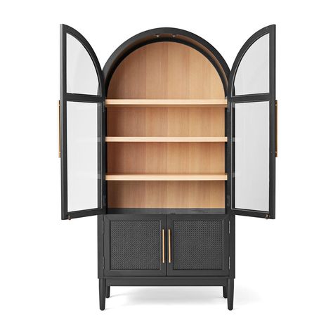 Member's Mark Enzo Bookcase Storage Cabinet With Rattan Cabinet Doors, Black Finish - Sam's Club Arch Bookshelf Cabinet, Curved Black Cabinet, Arched Bar Cabinet, Arched Storage Cabinet, Arched Black Cabinet, Enzo Bookcase, Romantic Houses, Rattan Cabinet Doors, Hutch Cabinets