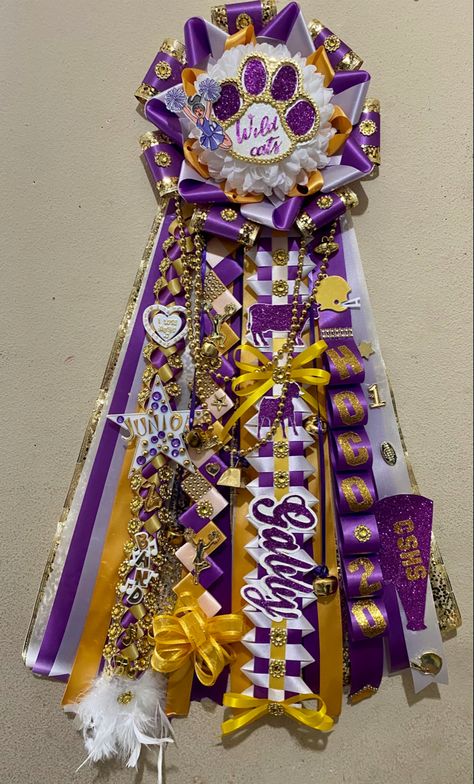 Purple Gold Homecoming Mum, Purple And Gold Homecoming Mums, Unique Homecoming Mums, Hoco Mums, Texas Homecoming Mums, Mum Ideas, Mums The Word, Homecoming Mums Diy, Single Mum