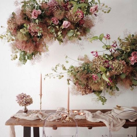 Smoke bush wedding inspiration, smoke bush wedding ideas Flower Cloud, Bush Wedding, Dried Hydrangeas, Wedding Reception Flowers, Flower Installation, Flower Studio, Floral Arrangements Wedding, Hanging Flowers, Deco Floral