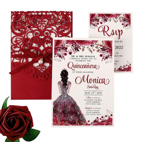 PRICES MAY VARY. Wedding invitation kit included: 50 personalized wedding invitation inner sheets 1, 50 personalized wedding invitation small inner sheets 2, 50 laser cut wedding invitation pockets, 50 ribbon belly bands, 50 pearls, 50 envelopes, 50 seals. Size of wedding invitation kit: 4.8 x 7 inch personalized wedding invitation inner sheets 1, 3.5 x 5.1 inch personalized wedding invitation small inner sheets 2, 5 x 7.25 inch laser cut wedding invitations pocket,5.3 x 7.6 inch envelope. Why y Red Quinceanera Invitations, Ribbon Belly Band, Red Quinceanera Ideas, Blank Wedding Invitations, Quince Invitations, Quinceanera Planning, Burgundy Wedding Invitations, Wedding Invitation Kits, Lace Wedding Invitations