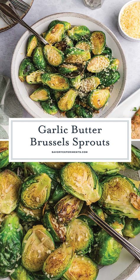 Garlic Butter Brussels Sprouts are an easy side dish that even sprout haters will love! Brussel sprouts in butter, garlic, & parmesan cheese. Fresh Brussel Sprouts, Brussel Sprout Recipes, Garlic Brussel Sprouts, Brussel Sprouts Recipes Easy, Baked Brussel Sprouts, Buttered Vegetables, Sprouts Recipe, Pasta Side Dishes, Bacon Brussel Sprouts