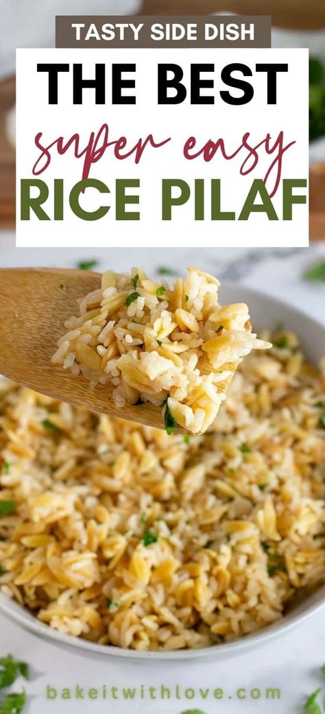 This rice pilaf is made with orzo pasta, long grain white rice, onion, garlic, chicken broth, and just a little salt. It's a super easy recipe that makes a fantastic side dish for chicken, beef, pork, seafood, and more! Best of all, the rice turns out perfectly fluffy and flavorful in about 30 minutes! BakeItWithLove.com Recipes Using Jasmine Rice, Easy Rice Pilaf Recipe, Orzo Rice Pilaf, Long Grain White Rice Recipes, Orzo Rice Recipes, Rice To Go With Fish, Rice Side Dishes For Chicken, Beef Flavored Rice, Rice Pilaf Recipe Easy