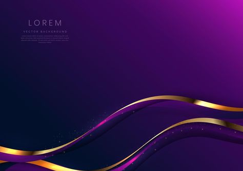 Abstract 3d gold curved purple ribbon on purple and dark blue background with lighting effect and sparkle with copy space for text. Luxury design style. Vector illustration Purple And Gold Background, Ribbon Dance, Luxury Website, Luxury Background, Waves Background, Purple Themes, Purple Ribbon, Dark Blue Background, Purple Background