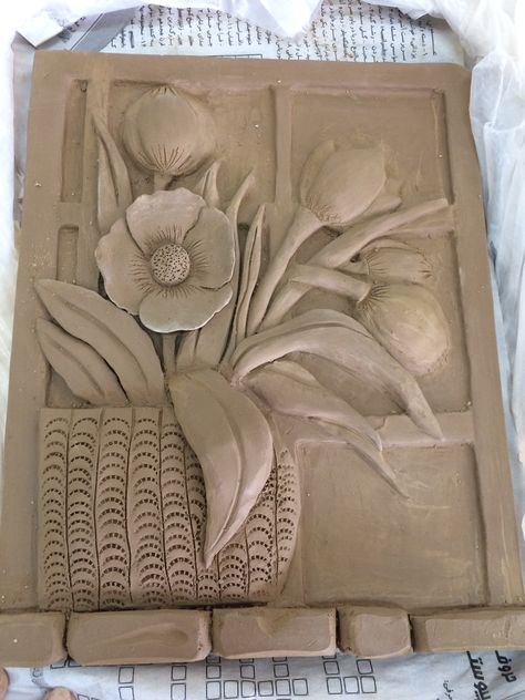 Clay Relief Sculpture Flowers, Relief Sculpture Flowers, Clay Relief Sculpture, Ceramic Relief Tiles, Clay Relief, Ceramic Tile Art, Clay Plates, Garden Pottery, Ceramic Wall Art