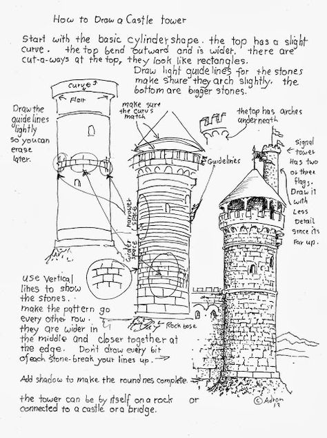 How to Draw A Castle Tower. Worksheet Build A Castle, Castle Drawing, Drawing Eyes, Castle Tower, Architecture Drawing Art, Basic Drawing, Landscape Designs, Lukisan Cat Air, Art Instructions