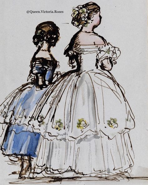 Sketch by Queen Victoria, dated February 5th 1856, showing her two eldest daughters, Princess Vicky and Princess Alice. #queenvictoria… Victoria Princess Royal, Queen Victoria Crown, Queen Victoria Family Tree, Queen Victoria's Daughters, Queen Victoria Children, Young Queen Victoria, Queen Victoria Family, Queen Victoria Prince Albert, 1850s Fashion