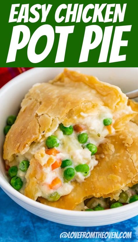 With a few time saving shortcuts, you can make this delicious CHICKEN POT PIE on a busy weeknight. No cream of can of soup, this has a delicious homemade filling! A great family dinner. #chickenpotpie #chicken #potpie #casserole #dinner #easydinner #familydinner #dinnerrecipes #food #pickyeaters #vegetables #lftorecipes Chicken Pot Pie Casserole No Cream Soup, Chicken Pot Pie Canned Vegetables, Chicken Pot Pie With Canned Vegetables, Canned Chicken Pot Pie Filling, Marie Callendars Chicken Pot Pie Recipe, Chicken Pot Pie No Cream, Chicken Pot Pie Recipe With Cream Soup, Chickenpotpie Recipes, Best Easy Chicken Pot Pie Recipe