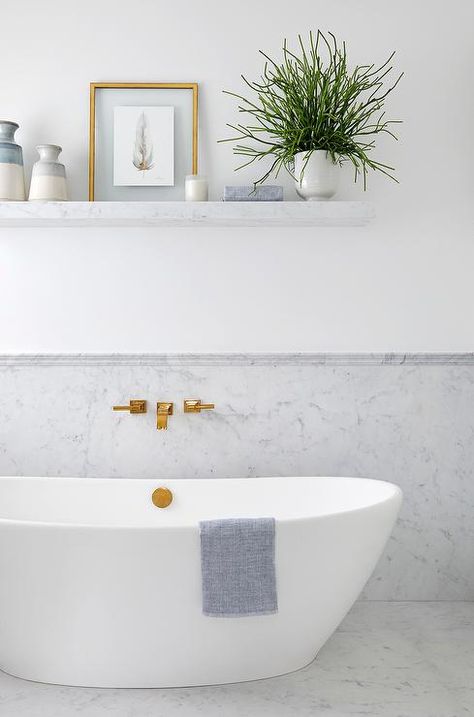 Shelves Above Bathtub, Stand Alone Bath Tub, Floating Tub, Marble Chair, Wall Mount Tub Filler, Carrara Marble Bathroom, Bath Tube, Grey Wall Tiles, Herringbone Wall