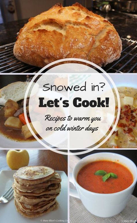 Recipes to warm you on cold, winter days! A collection of breakfast, lunch, dinner, and sweets perfect for cold, snowy days. Hearty soups and stews, homemade bread, stick to your ribs breakfasts, sweet chocolate cookies - cooking on snow days is the best! Snowy Day Meals Dinners, Snowday Food, Snowy Day Meals, Snow Day Breakfast, Hearty Soups And Stews, Cabin Food, Bread Stick, Comfort Meals, Soup Homemade