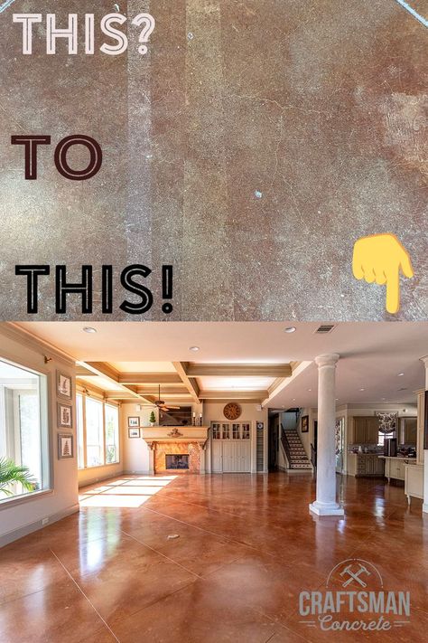 You wont believe what we discovered when we started renovating this stained concrete floor! Cleaning Stained Concrete Floors, Sealed Concrete Floor No Stain, Concrete Floor Makeover, Remove Paint From Concrete, Concrete Floor Repair, Stained Concrete Floor, Seal Concrete Floor, Interior Concrete Floors, Acid Stained Concrete Floors