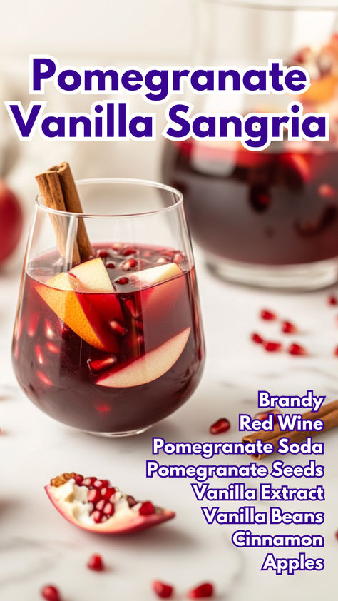 Pomegranate Vanilla Sangria Sweet Red Wine Sangria, Pomegranate Sangria Recipes, Classic Sangria, Pomegranate Sangria, Red Wine Cocktails, Fall Sangria Recipes, Pomegranate Drinks, Cocktail Cards, Pomegranate Cocktails