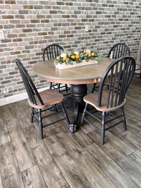 Stain Dining Room Table Diy, Redone Kitchen Table, Stain Dining Room Table, Dining Table Update, Painted Dining Table And Chairs, Dining Room Table Diy, Redone Kitchen, Table And Chairs Makeover, Shabby Chic Kitchen Table