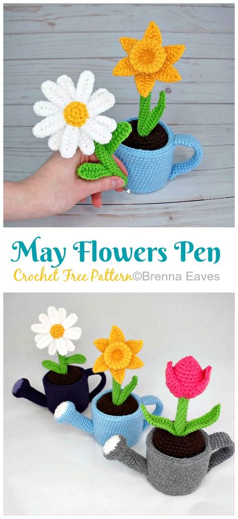 Amigurumi May Flowers Pen Crochet Free Pattern - Crochet Plants #Amigurumi Free Patterns Crochet For The Garden, Crochet Pattern For Flowers, Crochet Flower Pen, Crochet Garden Ideas, Amigurumi Flower Free Pattern, Flower Amigurumi Free Pattern, Crochet Pens, Flower Amigurumi, Amigurumi Flower