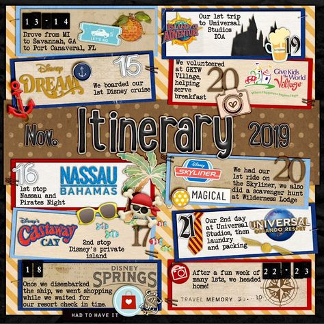 Disney Cruise Itinerary Cruise Scrapbook Pages, Cruise Itinerary, Cruise Scrapbook, Scrapbook Design Layout, Travel Scrapbook Pages, Disney Scrapbooking Layouts, Vacation Scrapbook, Disney Scrapbook Pages, Scrapbook Templates