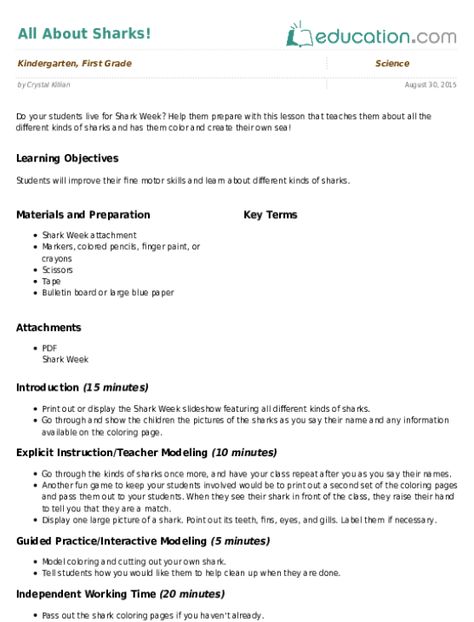 Do your students live for Shark Week? Help them prepare with this lesson that teaches them about all the different kinds of sharks and has them color and create their own sea! All About Sharks, First Grade Science, Student Living, Learning Objectives, Shark Week, Different Kinds, Lesson Plan, Sharks, Fine Motor Skills