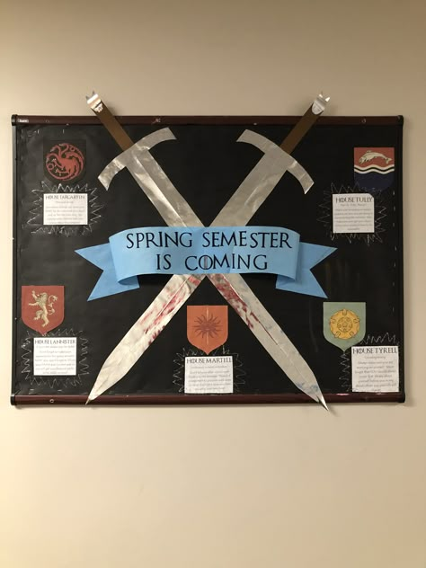 Game of thrones bulletin board Game Of Thrones Door Decs, Greek Mythology Bulletin Board, Game Of Thrones Classroom Theme, Game Of Thrones Bulletin Board, Events Bulletin Board, Game Of Thrones Flags, Game Of Theones, Residence Life Bulletin Boards, Ra College