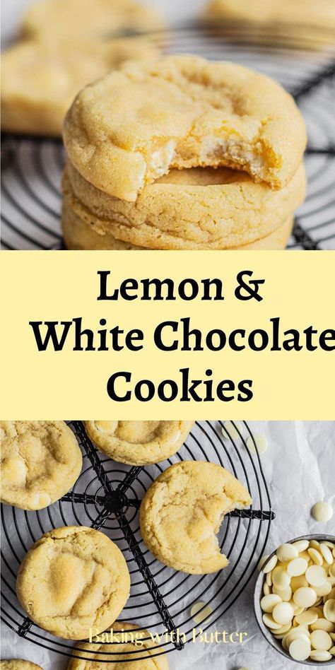 White Chocolate Chip Easter Cookies, Snacks With White Chocolate, White Chocolate Lemon Cookies, Lemon Chocolate Chip Cookies, Lemon Baked Goods, Healthy Lemon Cookies, Lemon White Chocolate Cookies, Lemon White Chocolate Chip Cookies, Lemon Cheesecake Cookies