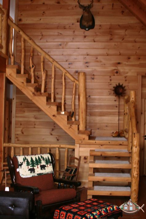 Cabin Steps To Loft, Log Cabin Stair Railing Ideas, Log Cabin Stairs, Cabin Loft Stairs, Cabin Stairs To Loft, Cabin Staircase, Rustic Railing, Railing For Stairs, Cabin Stairs