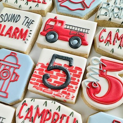 Whitney Overstreet on Instagram: "I had an inquiry for a pink version of this! How fun?! #firestationcookies #firetruckcookies #firecookies #birthdaycookies" First Responder Cookies Decorated, Fire Truck Birthday Cookies, Firefighter Cookie, Firetruck Birthday, Icing Cookies, Fire Station, Royal Icing Cookies, Birthday Cookies, Fire Truck