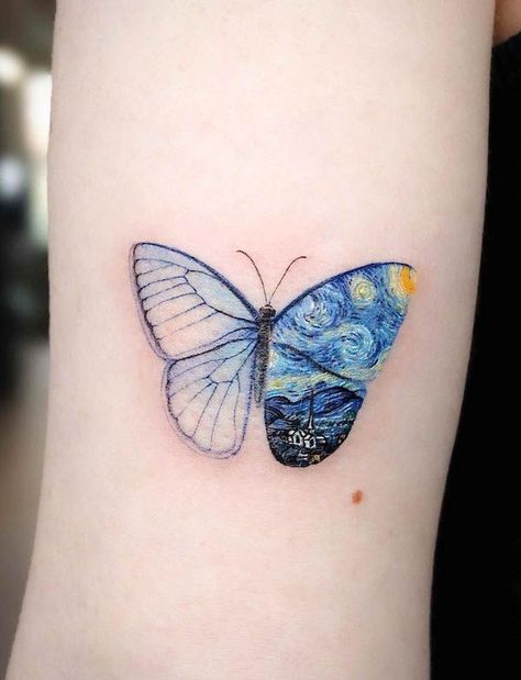 Starry night butterfly tattoo by @eunyutattoo Blue Wrist Tattoo, Blue Tattoos For Women, Butterfly Tattoos With Meaning, Spiritual Hand, Starry Night Tattoo, Van Gogh Tattoo, Watercolor Butterfly Tattoo, Blue Ink Tattoos, Butterfly Neck Tattoo