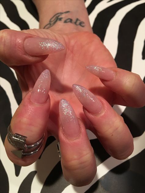 Essie sugar daddy with iridescent glitter Glitter Natural Acrylic Nails, Translucent Glitter Nails, Sheer Shimmer Nails, Jelly Sparkle Nails, Opal Glitter Nails, Ethereal Nails Aesthetic, Nail Almond Ideas, Nail Almond Design, Clear Jelly Nails