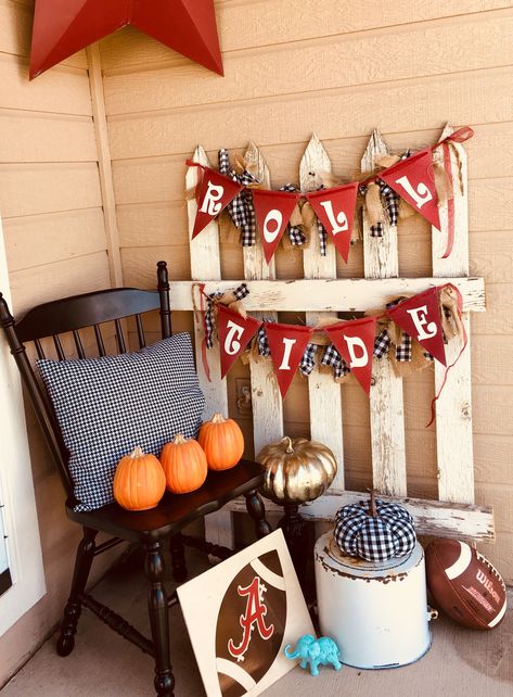 Dixieland front porch Roll Tide Autumn porch From Alabama to Colorado Alabama Crimson Tide Porch Hobby Lobby rag swag in buffalo check. My heart’s in Alabama ❤️ no matter where I lay my head. Alabama Football Decor, Alabama Door Hanger Roll Tide, Alabama Welcome Sign Front Door, University Of Alabama Decor, Alabama Auburn House Divided Door Hanger, Crimson Tide Decor, Alabama Decor, Alabama Decor Crimson Tide, Autumn Porch