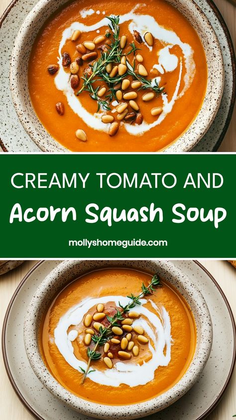 Indulge in the rich and comforting flavors of tomato and acorn squash soup with this easy-to-follow recipe. This hearty soup is perfect for cozy nights in or family gatherings. The combination of sweet acorn squash and tangy tomatoes creates a deliciously satisfying dish that's sure to warm you up from the inside out. Whether you're looking for a healthy meal idea or simply craving a bowl of homemade goodness, this soup is bound to hit the spot. Acorn Squash Tomato Soup, Acorn Squash Recipe Soup, Acorn Squash Soup Recipes, Tomato Squash Soup, Canning Squash, Roasted Squash Soup, Acorn Squash Soup, Buttercup Squash, Soup Lovers